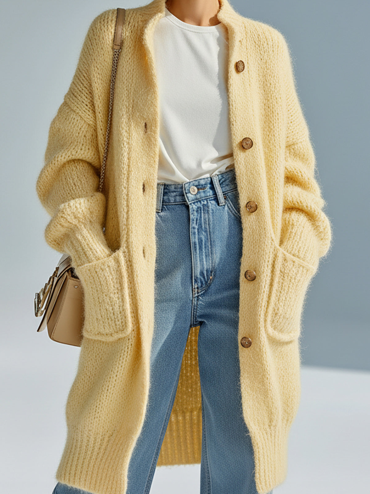 Taidalw Chic Vintage Light Yellow Stand Collar Single-breasted Long Sleeve Patch Pocket Fuzzy Knit Mid-Length Cardigan