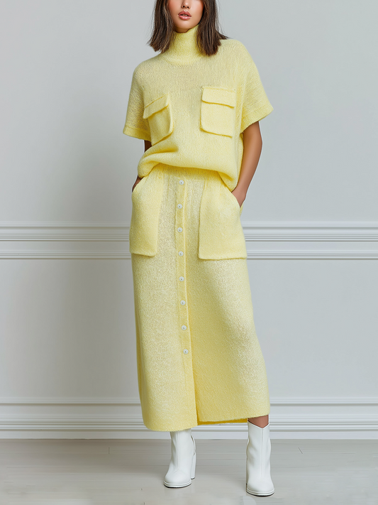 Taidalw Chic Casual Yellow Turtleneck Oversized Short Sleeve Sweater Patch Pocket Elastic Waist Maxi Skirt Button Knit Two-Piece Set