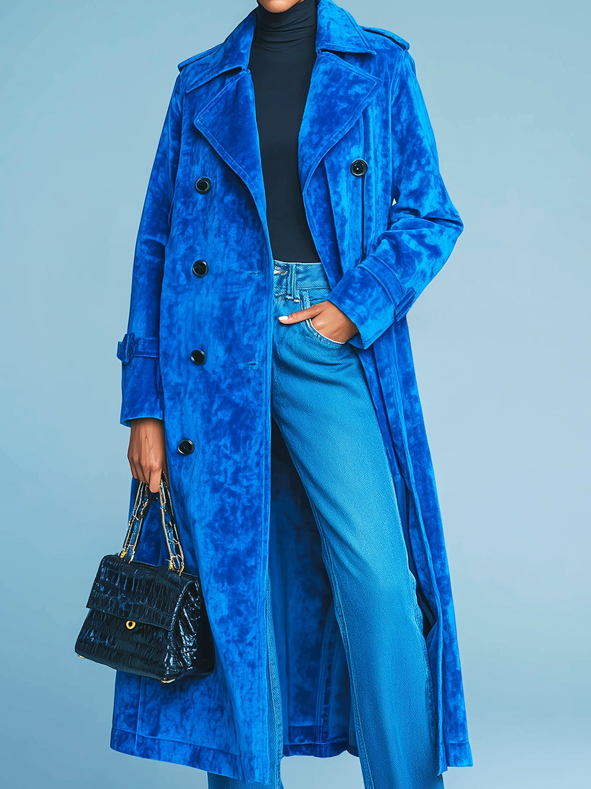 Taidalw Chic Vintage Royal Blue Velvet Lapel Double-Breasted Long Trench Coat