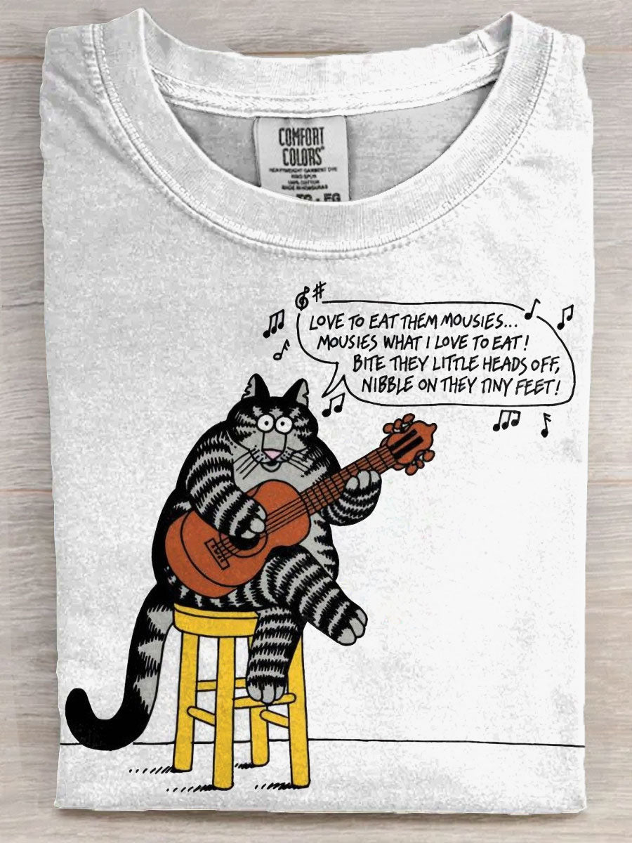 Funny Cat Singing Art Print Casual Short Sleeve T-shirt