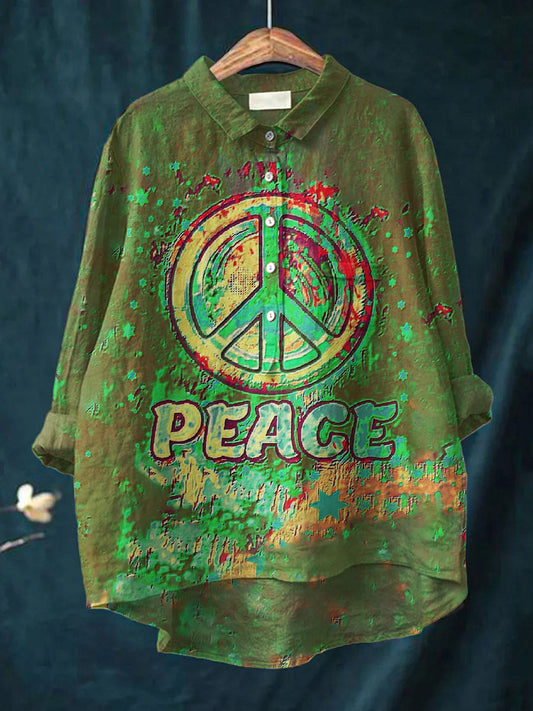 Women's Peace Symbol Hippie Print Casual Cotton And Linen Shirt