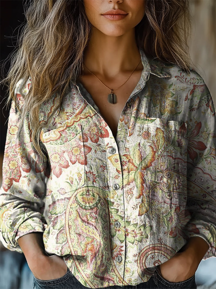 Women's Retro Ethnic Floral Paisley Pattern Print Casual Long Sleeve Comfortable Cotton Shirt