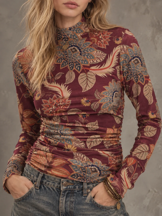 Burgundy Botanical Print Mock Neck Ruched Long Sleeve Top