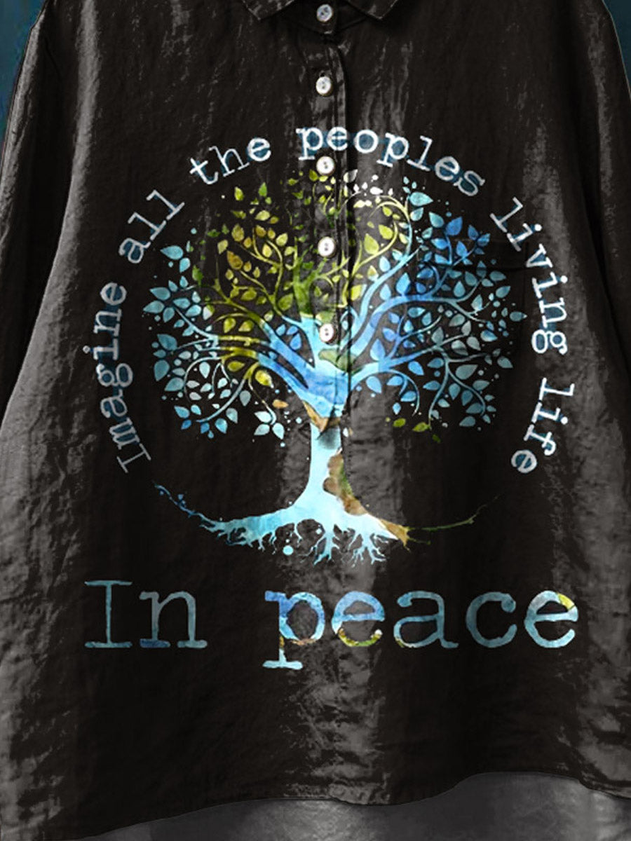 Imagine All The People Living Life In Peace Art Print Casual Cotton And Linen Shirt