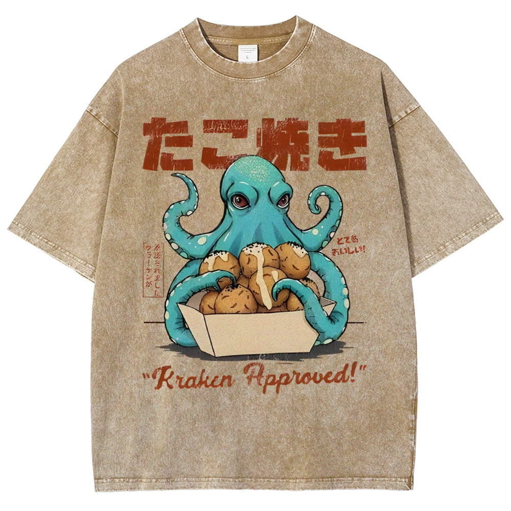 Unisex Japanese Octopus Printed Washed Tee