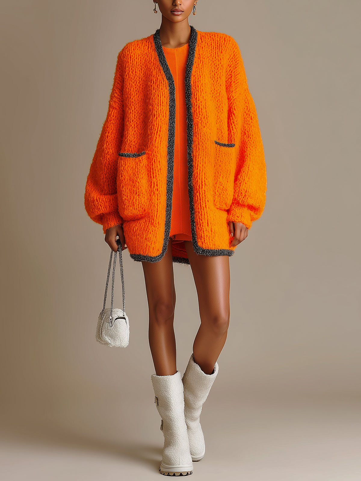 Taidalw Chic Casual Orange Contrast Trim Patch Pockets Oversized Mid-Length Knit Cardigan