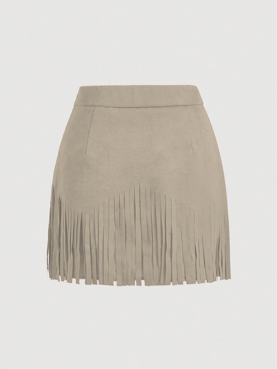 Women's Vintage Hippie Rivet Fringe Brown Suede A-Line Skirt