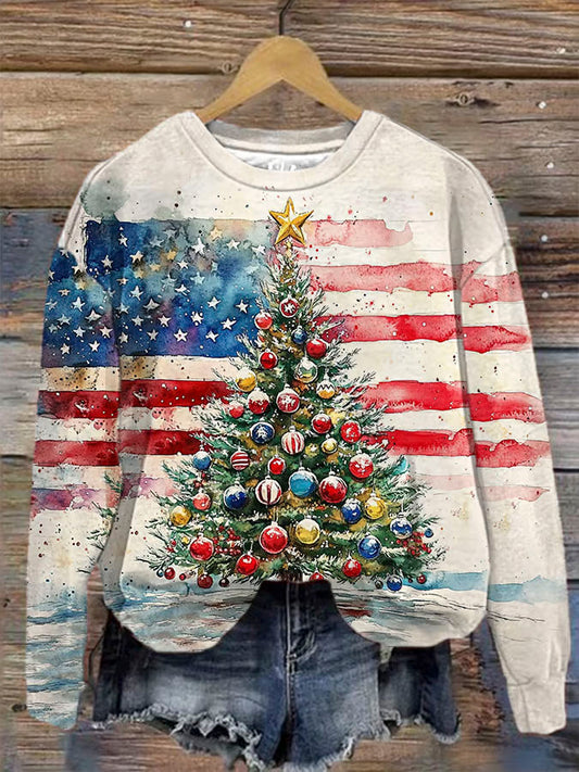 Lovely Christmas Tree American Flag Art Print Casual Sweatshirt