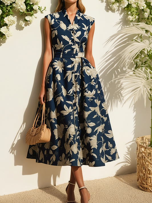 Midi Linen Dress , Cap Sleeves, V Neck, Floral, Button Design, Vintage, Dark Blue