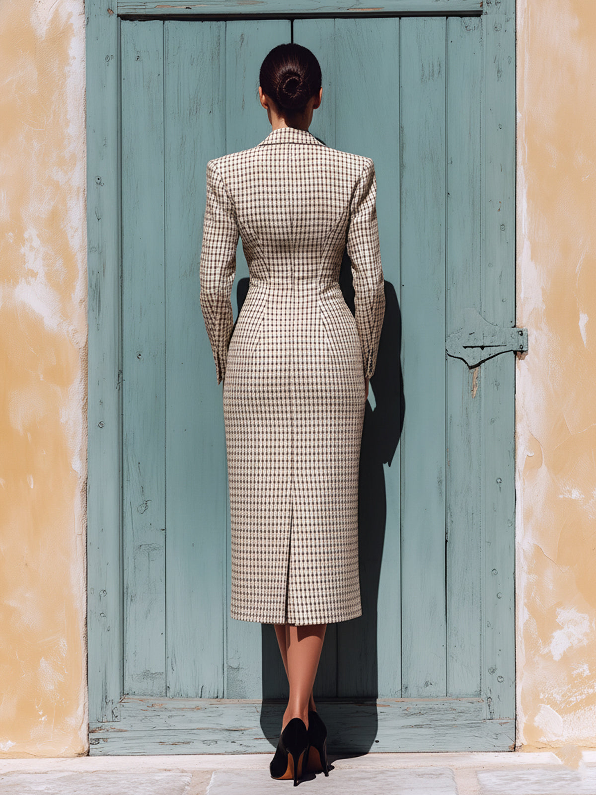 Taidalw Elegant Vintage Beige Houndstooth Wool Blend Lapel Double-Breasted Slim-Fit Midi Blazer Dress