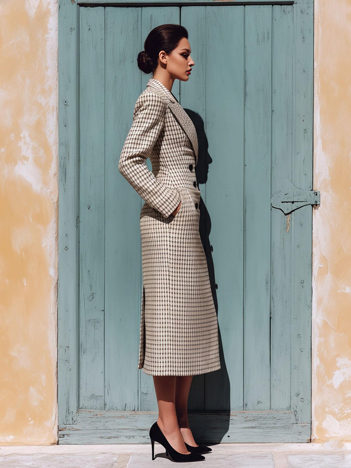 Taidalw Elegant Vintage Beige Houndstooth Wool Blend Lapel Double-Breasted Slim-Fit Midi Blazer Dress