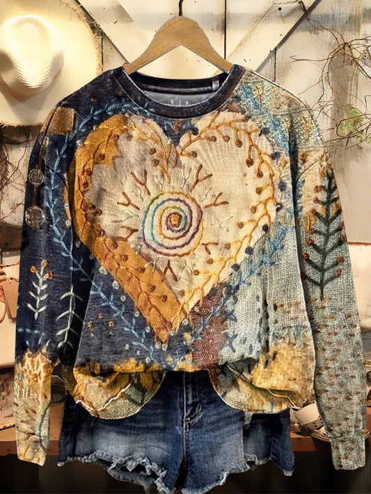 Women's Heart Patchwork Art Print Crew Neck Sweatshirt