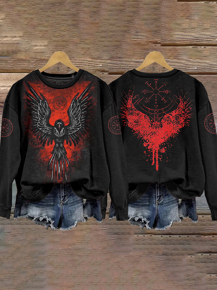 Women'S Vintage Flaming Raven And Vegvisir Viking Sweatshirt