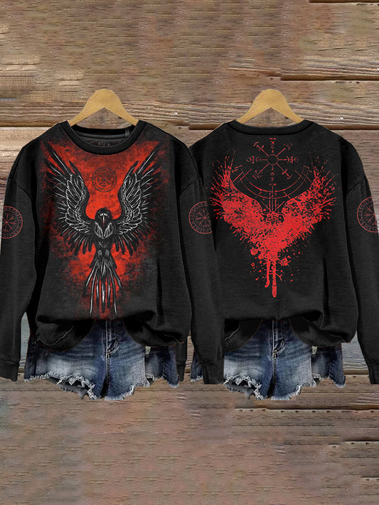 Women'S Vintage Flaming Raven And Vegvisir Viking Sweatshirt