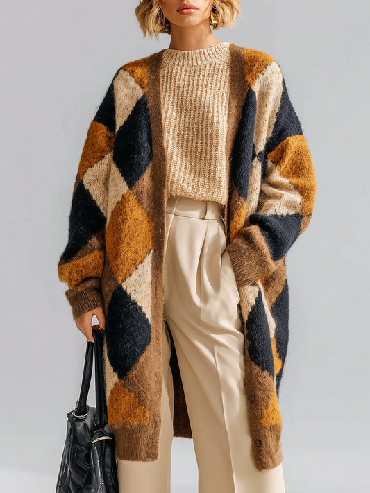 Taidalw Chic Vintage Contrast Argyle Pattern Oversized Long Sleeve Mid-Length Knit Cardigan