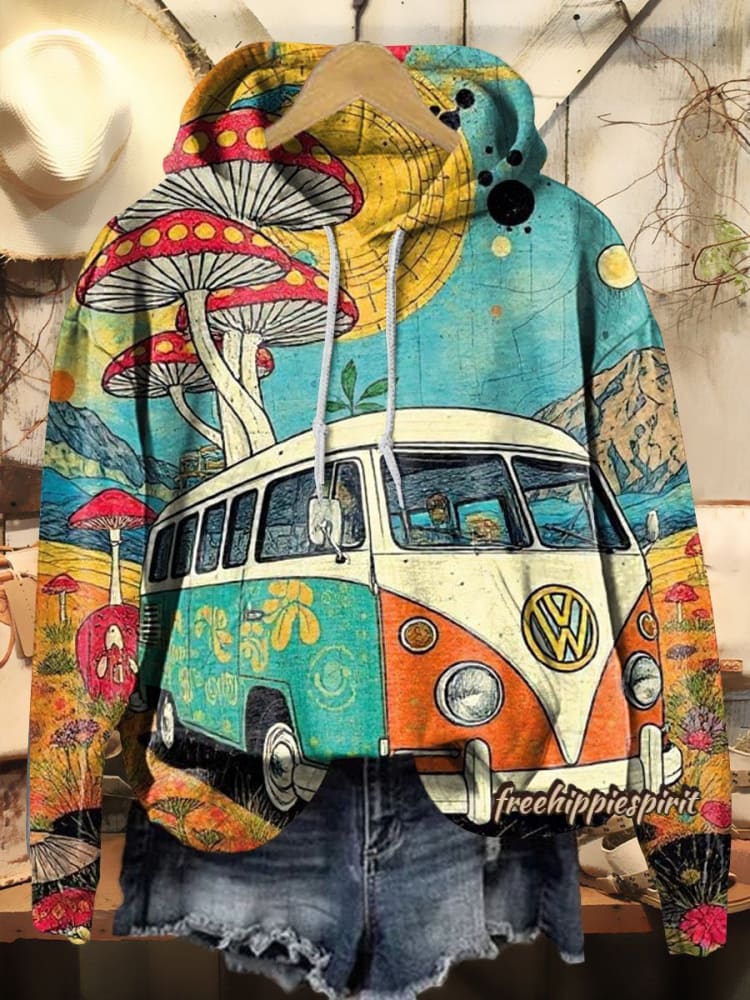 Vintage Hippie Trip & Van Art Print Casual Hoodie Sweatshirt