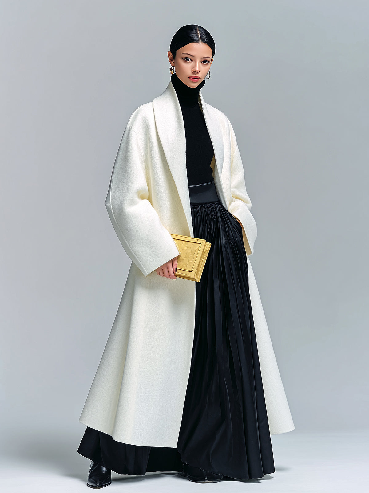 Taidalw Vintage Elegant Cream White Wool Blend Shawl Lapel Slouchy Maxi-Length Vintage Coat