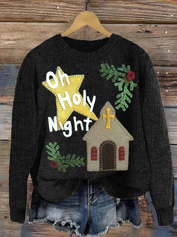 Women's Oh Holy Night Textured Art Print Crew Neck Casual Knit Pullover