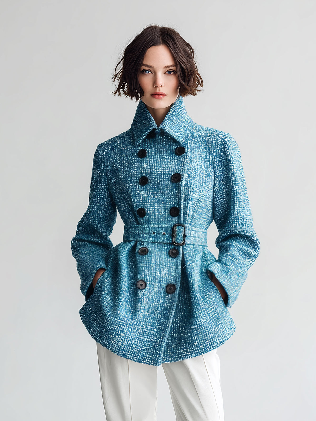 Taidalw Chic Vintage Blue Wool Blend Tweed Lapel Double-Breasted Belted Slim-Fit Short Coat
