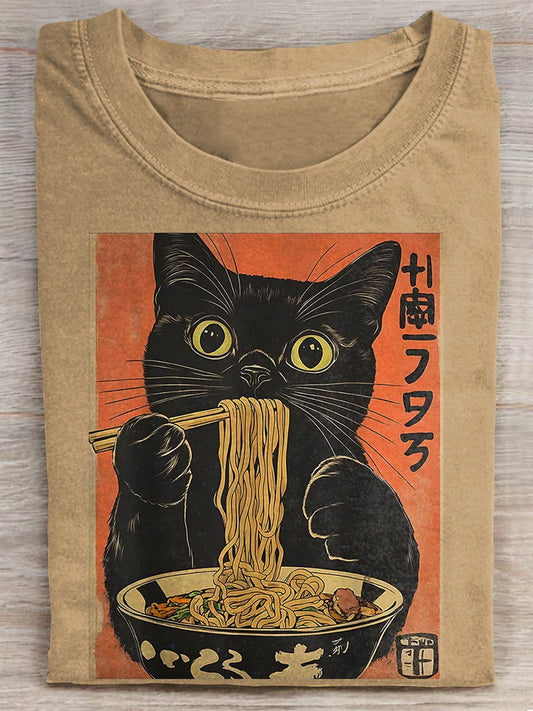 Cat Ramen Japanese Kawaii Cat Anime Art Print Casaul Short Sleeve T-shirt