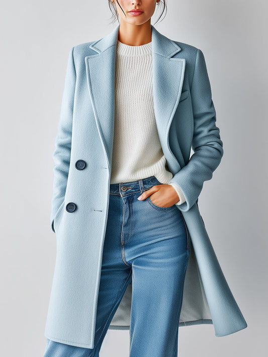 Taidalw Elegant Vintage Light Blue Wool Blend Lapel Double-Breasted Mid-Length Warm Coat