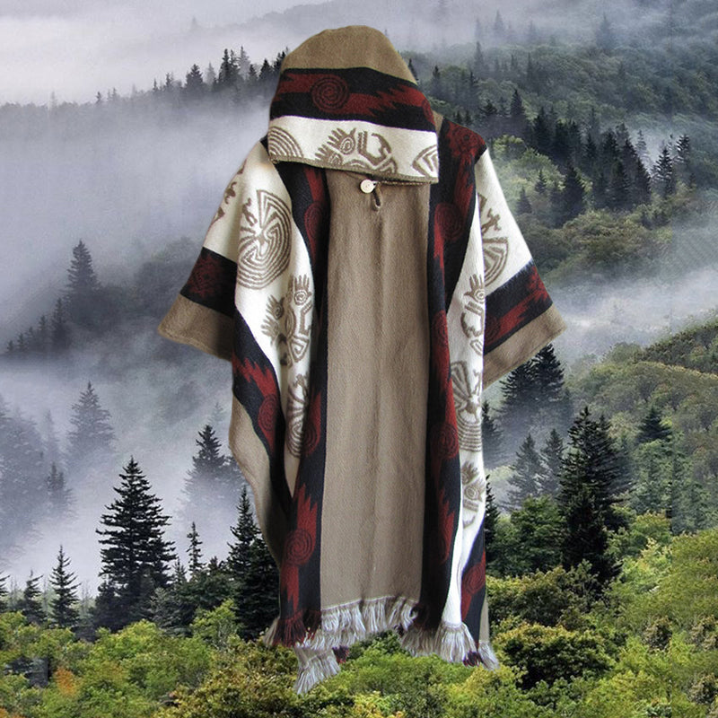 Ethnic Tribal Totem White Khaki Knitted Cape