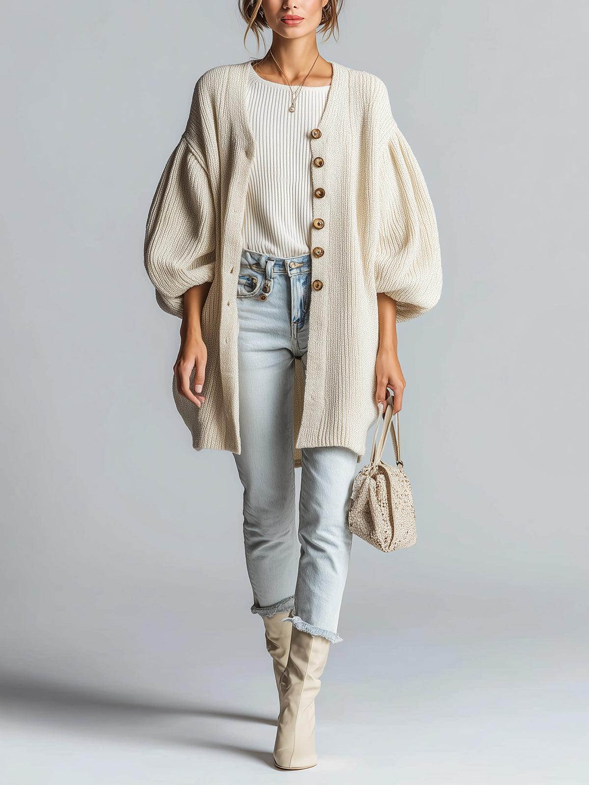 Taidalw Chic Vintage Cream White Puff Sleeve Single-Breasted Oversized Ribbed Mid-Length Knit Cardigan