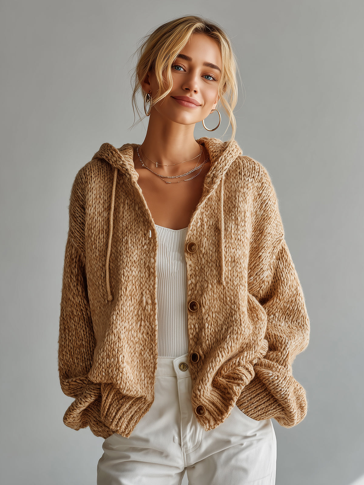 Taidalw Chic  Casual Camel Hooded Wooden Button Slouchy Chunky Knit Cardigan