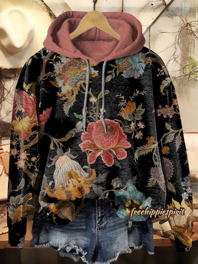 Retro Gorgeous Flower Print Casual Hoodie Sweatshirt