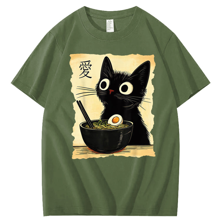 Funny Cat Ramen Graphic Tee Japanese Kawaii Anime Cat 100% Cotton T-Shirt