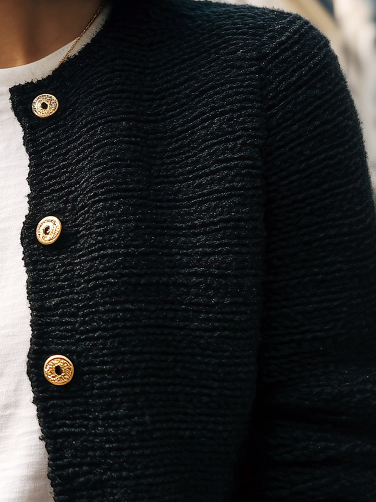 Taidalw Chic Basic Black Crew Neck Gold Button Cropped Knit Cardigan