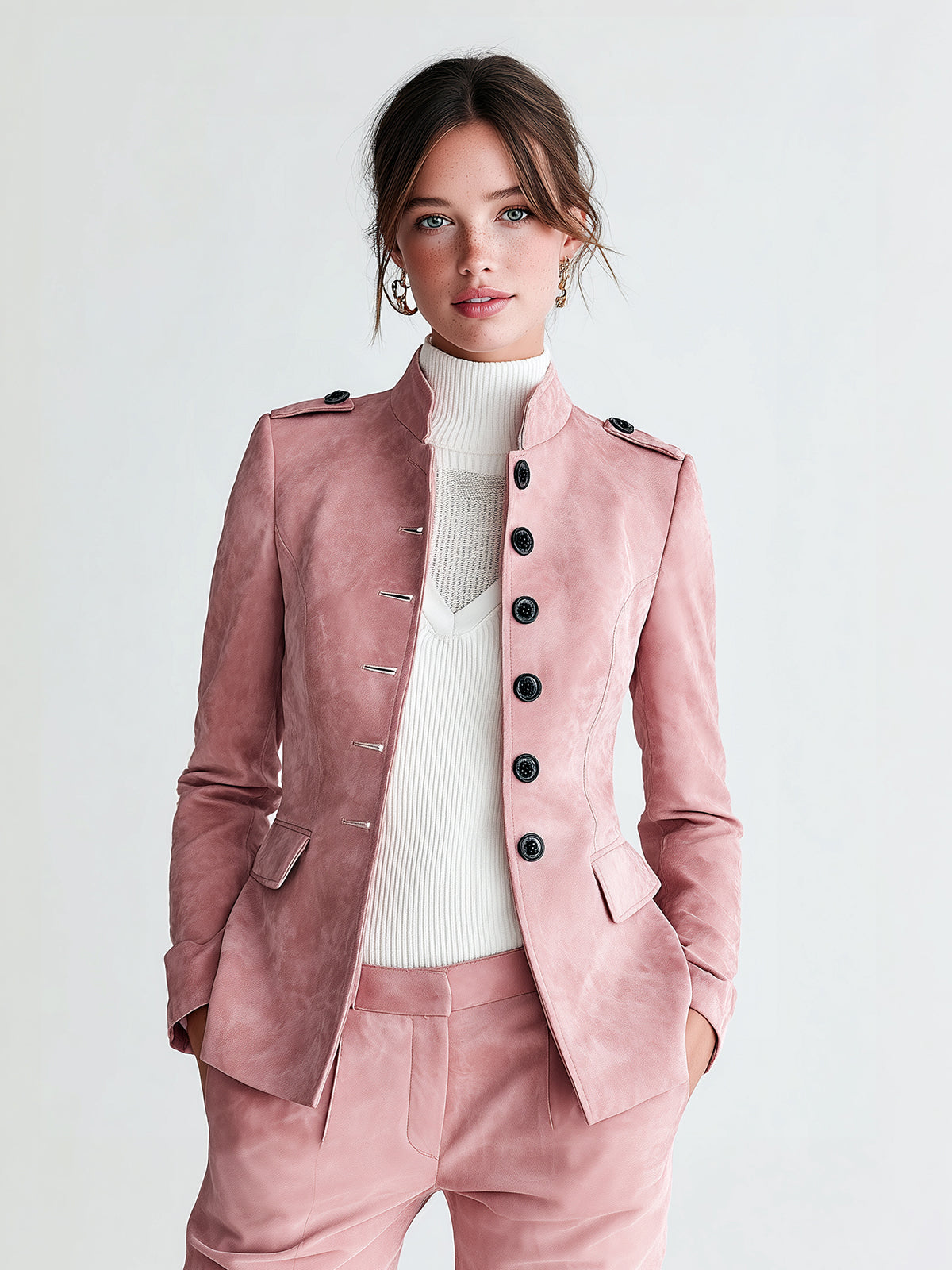 Taidalw Sophisticated Office Faux Suede Stand Collar Button-Front Epaulet Slim-Fit Blazer