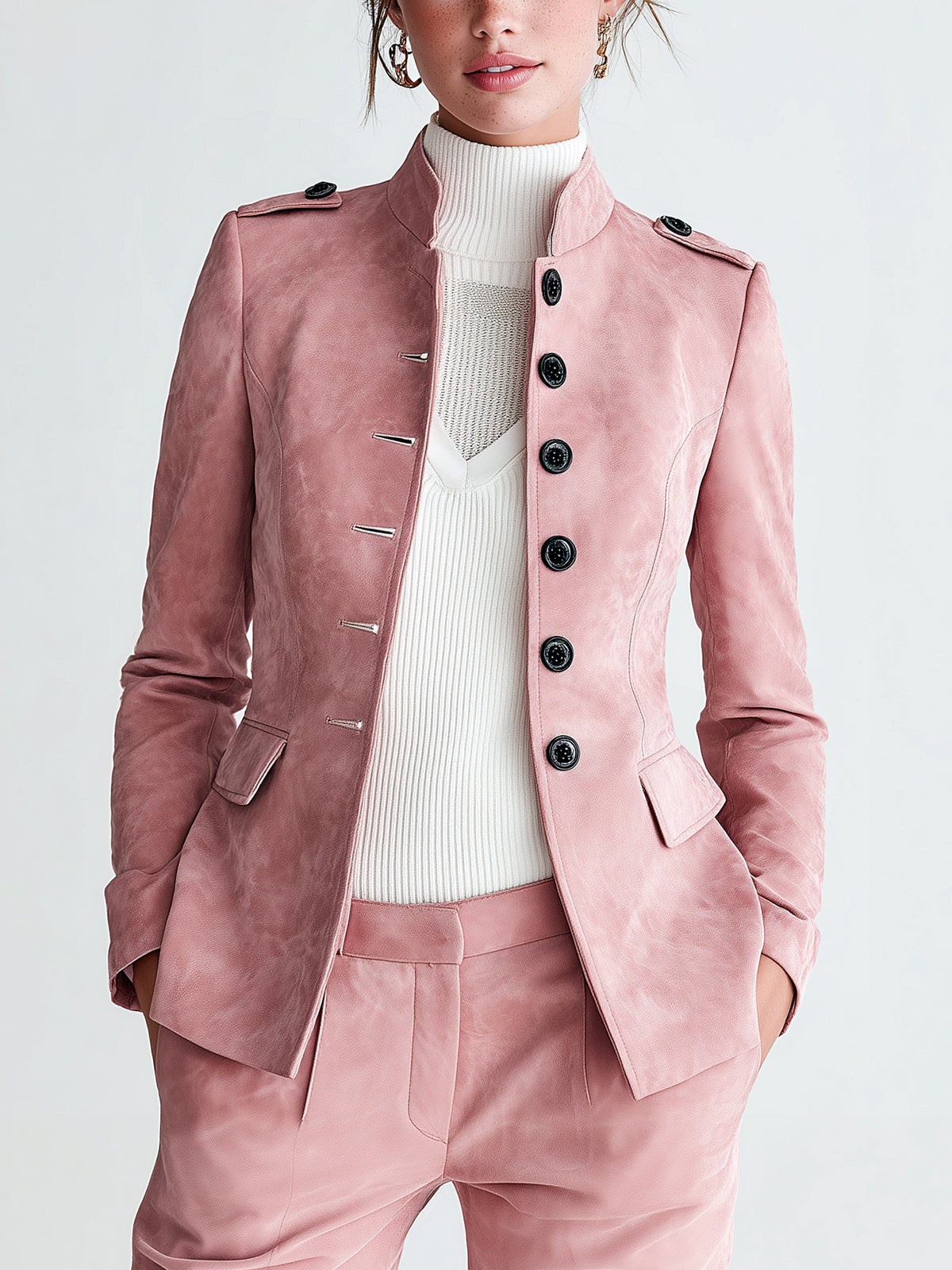 Taidalw Sophisticated Office Faux Suede Stand Collar Button-Front Epaulet Slim-Fit Blazer