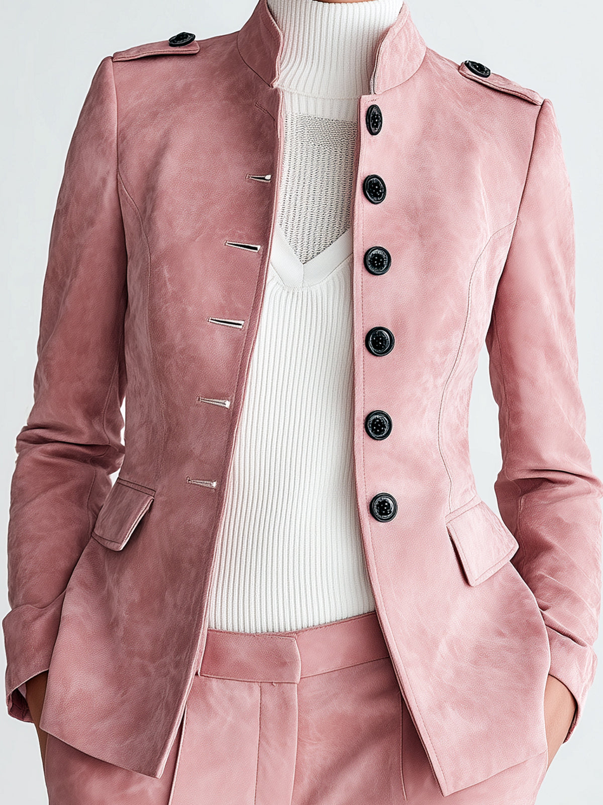 Taidalw Sophisticated Office Faux Suede Stand Collar Button-Front Epaulet Slim-Fit Blazer