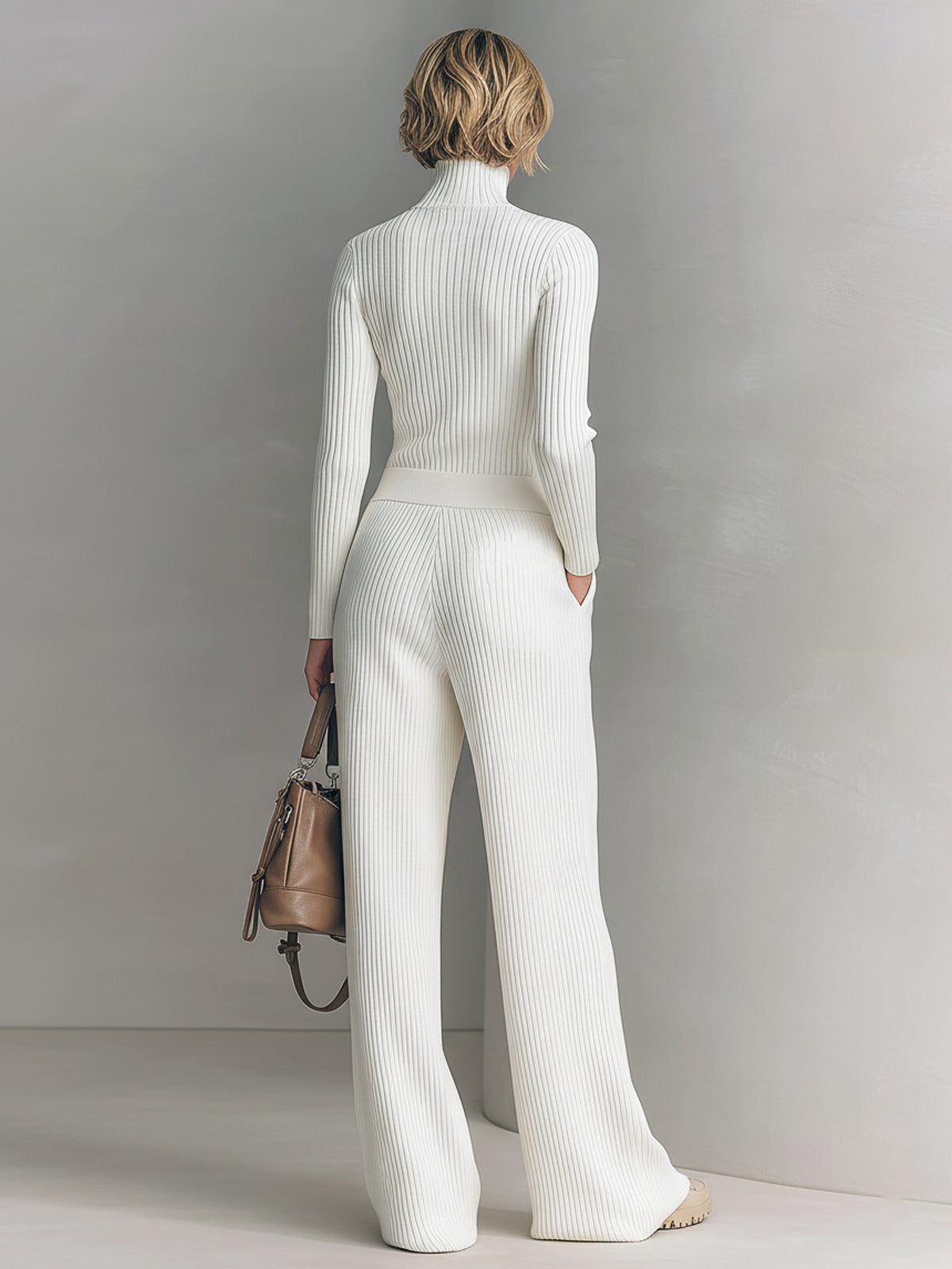 Taidalw Chic Elegant Zip-up Mock Neck Slim-Fit Sweater Elastic Waist Wide-Leg Pants Knit Two-Piece Set