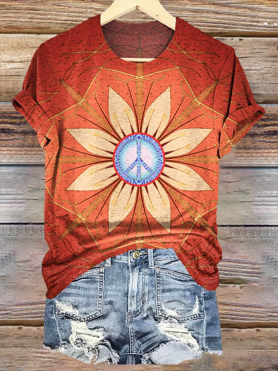 Women's Hippie Peace Love Flowers Print Crew Neck T-shirt