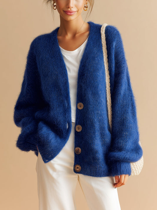 Taidalw Chic Casual Royal Blue V-Neck Single-Breasted Long Sleeve Loose-Fit Fuzzy Knit Cardigan