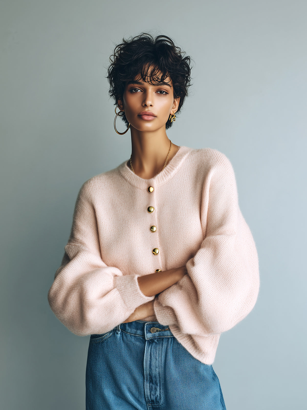 Taidalw Chic Vintage Pink Round-Neck Single-Breasted Long Lantern Sleeve Loose Knit Cardigan