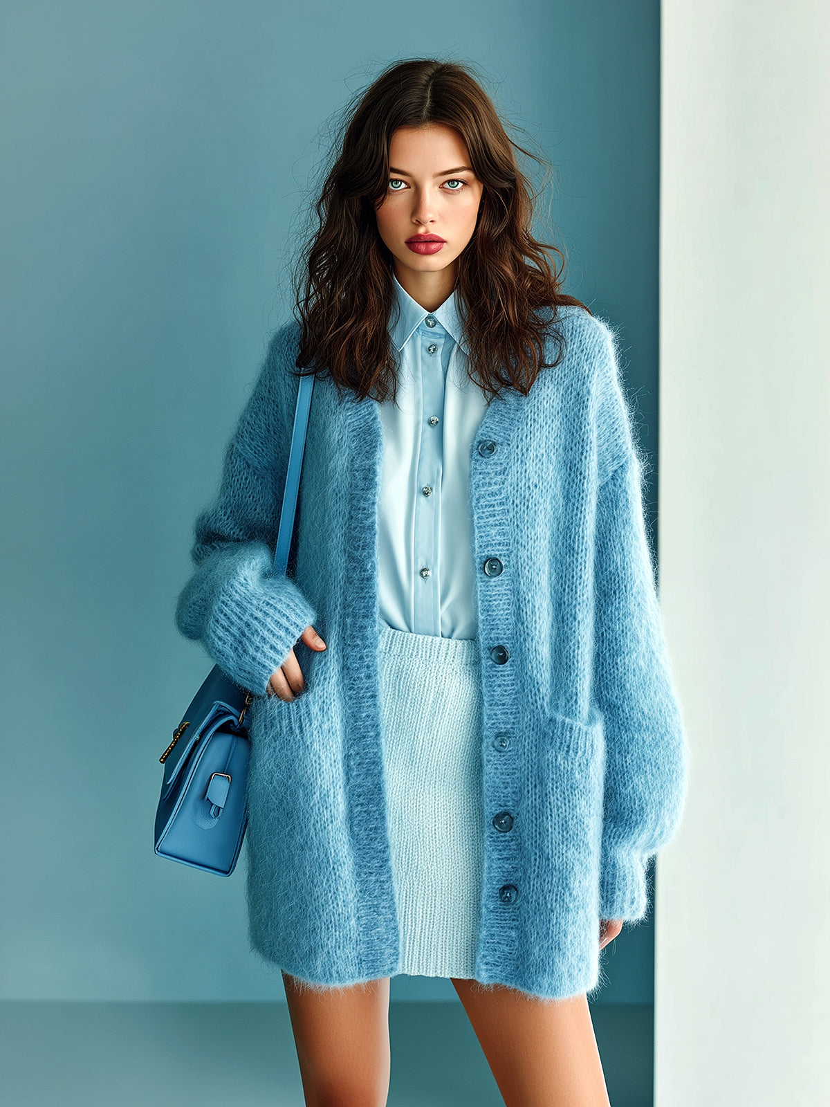 Taidalw Chic Vintage Blue V-neck Single-breasted Oversized Long-sleeved Mohair Knit Cardigan