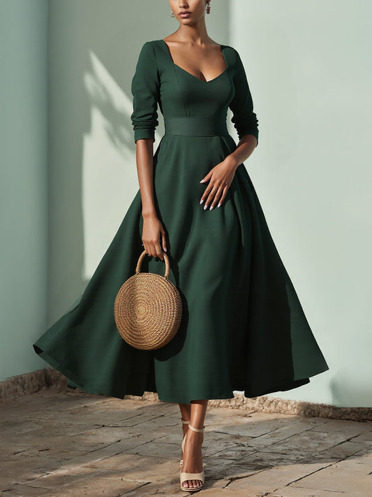 Midi Linen Dress , Half Sleeve, Sweetheart Neck, Plain, Vintage, Deep Green