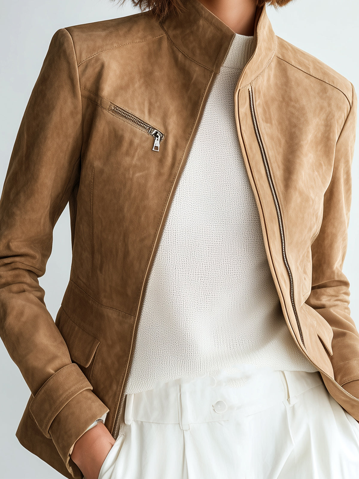 Taidalw Chic Casual Camel Faux Suede Stand Collar Zipper-Front Slim-Fit Jacket