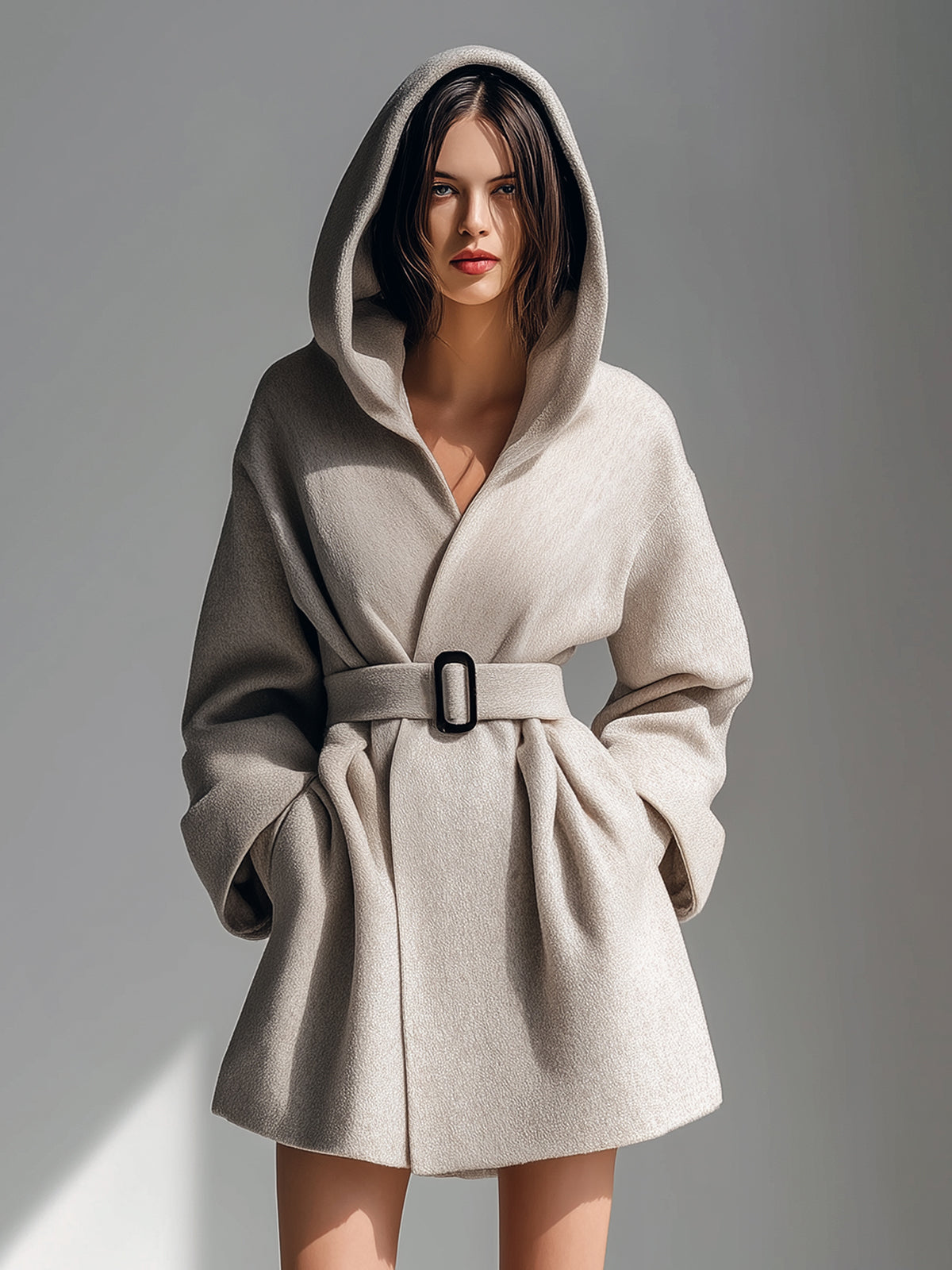Taidalw Chic Vintage Beige Gray Wool Blend Hooded Belted Slouchy Short Coat