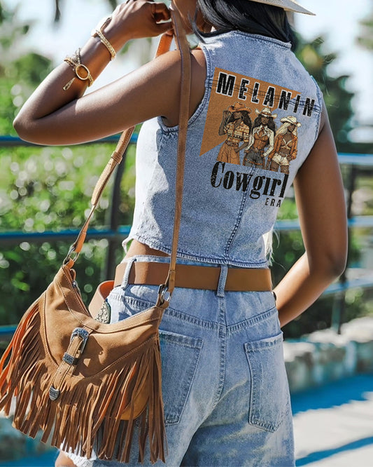 Melanin Cowgirl Single-Breasted Casual Denim Waistcoat