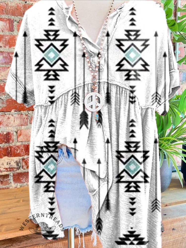 Women's Vintage Aztec Print Folds V-neck T-shirt