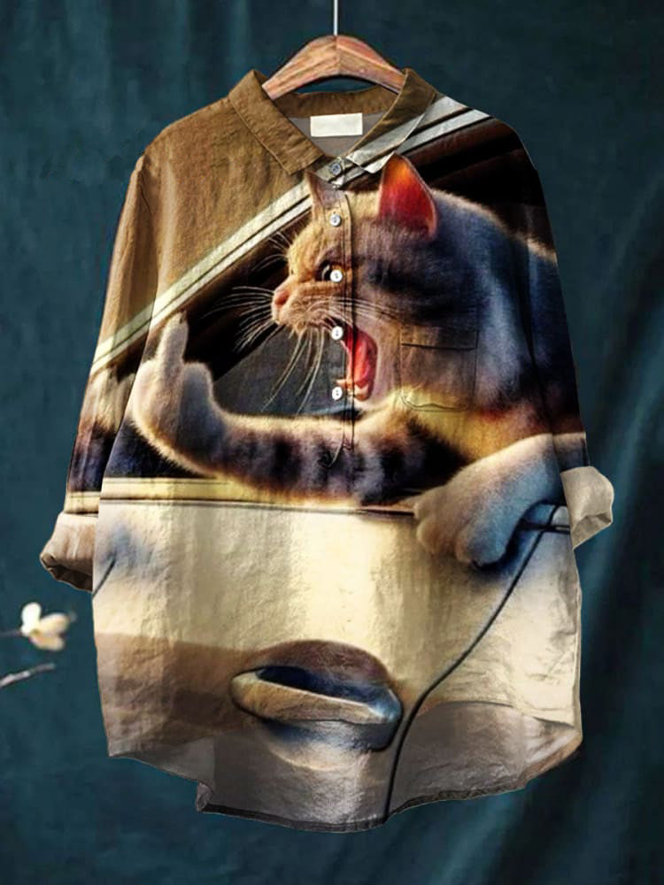 Women's Vintage Funny Cat Art Print Casual Cotton And Linen Shirt