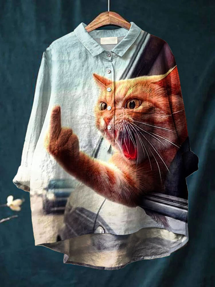 Women's Vintage Funny Cat Art Print Casual Cotton And Linen Shirt