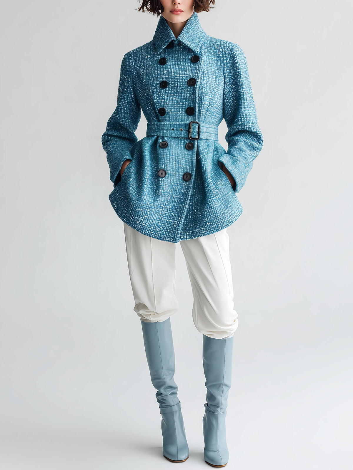 Taidalw Chic Vintage Blue Wool Blend Tweed Lapel Double-Breasted Belted Slim-Fit Short Coat