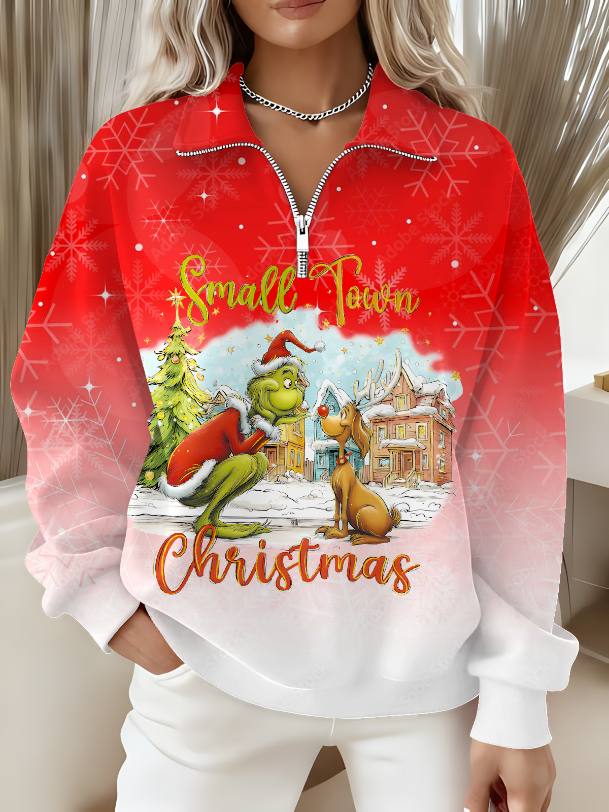 Women's Vintage Christmas Village Long Sleeve Zipper Sweatshirt