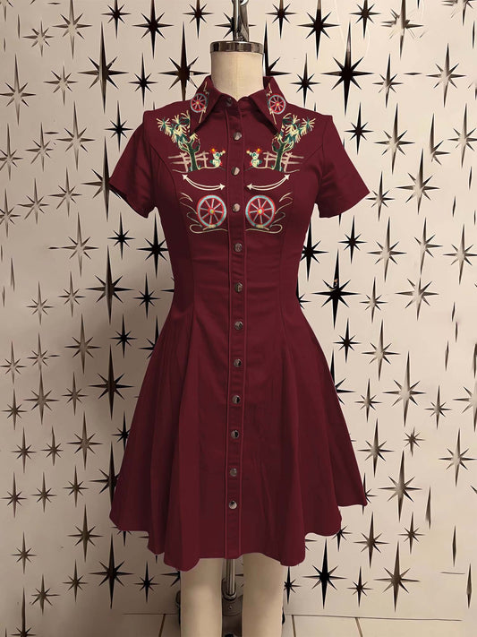 Western Vintage Cactus Printed Shirt Dress