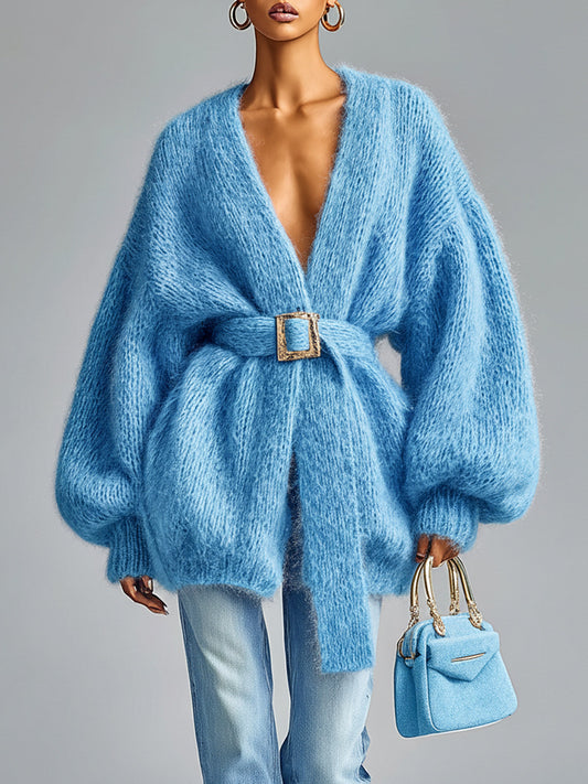 Taidalw Chic Vintage Lavender V-Neck Belted Lantern Sleeve Oversized Knit Mid-Length Cardigan